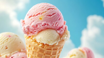 Creamy multi-flavored ice cream cones with vibrant pink and white scoops against a blurred sky backdrop