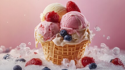 Delicious ice cream cone with assorted flavors and fresh fruit toppings on a bed of crushed ice against pink backdrop