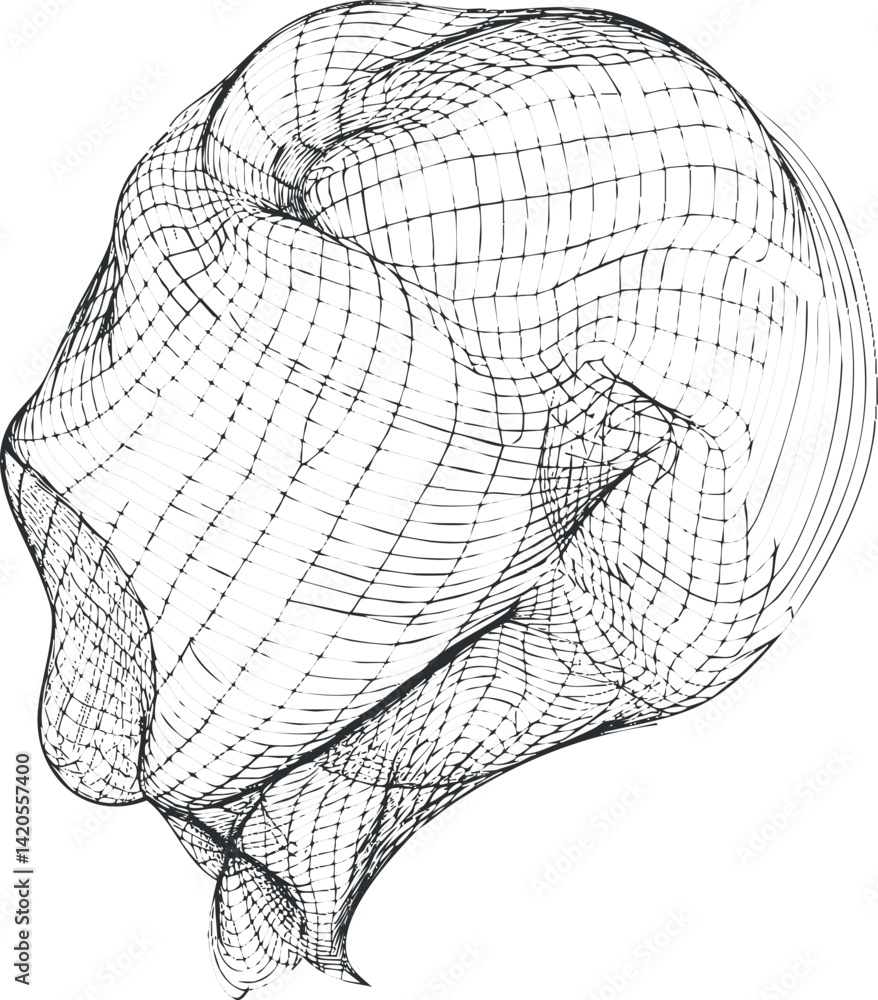 Poster a digital wireframe illustration showcasing an abstract 3d head model with intricate curves and line