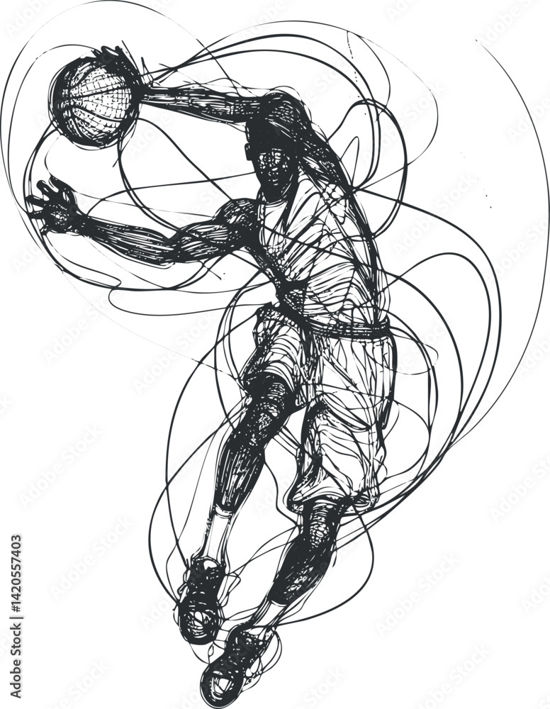 Poster a dynamic sketch of a basketball player leaping to dunk the ball showcasing action and energy.