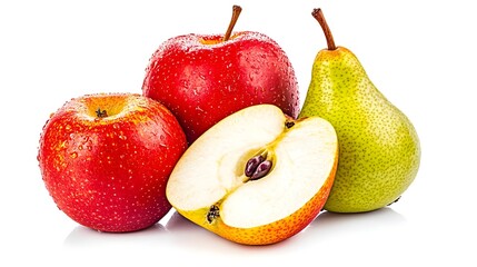 Fresh Red Apples and Green Pear on White Background with Droplets