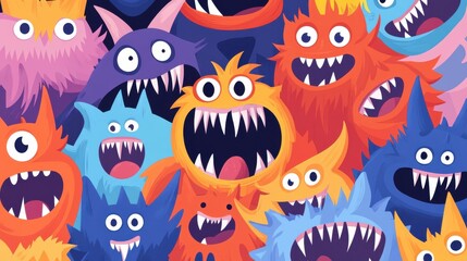Dynamic digital art showcases eerie monsters in neon hues, each with a distinct, chilling expression that evokes fear.