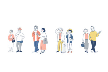 一緒に歩いているシニアカップル4組　　セット