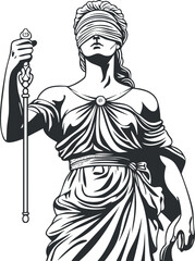 A blindfolded female figure representing justice holding a scale and sword symbolizing fairness.