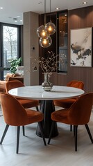 Photo Of Elegant Dining Room With Round Marble Table And Orange Chairs