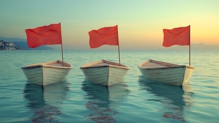 Three wooden rowboats with red flags floating on calm sea water during sunset with distant mountains in the background