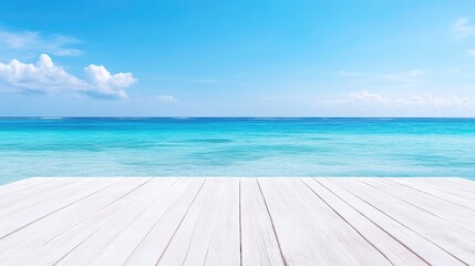 Fototapeta premium Tranquil beach scene with white wooden deck