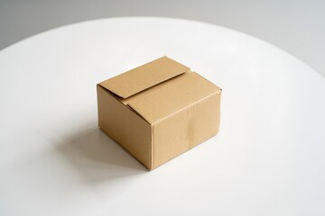 Cardboard box mockup on white table.