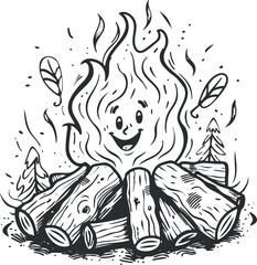 Obraz premium A cheerful campfire illustration with smiling flame and logs, perfect for outdoor adventures.