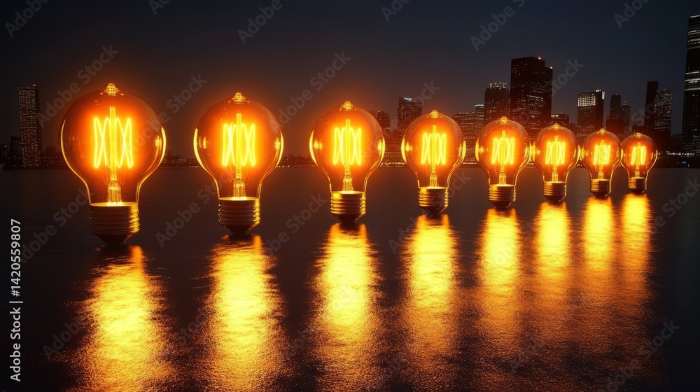Poster a row of glowing light bulbs reflecting on a wet surface with a city skyline in the background at ni