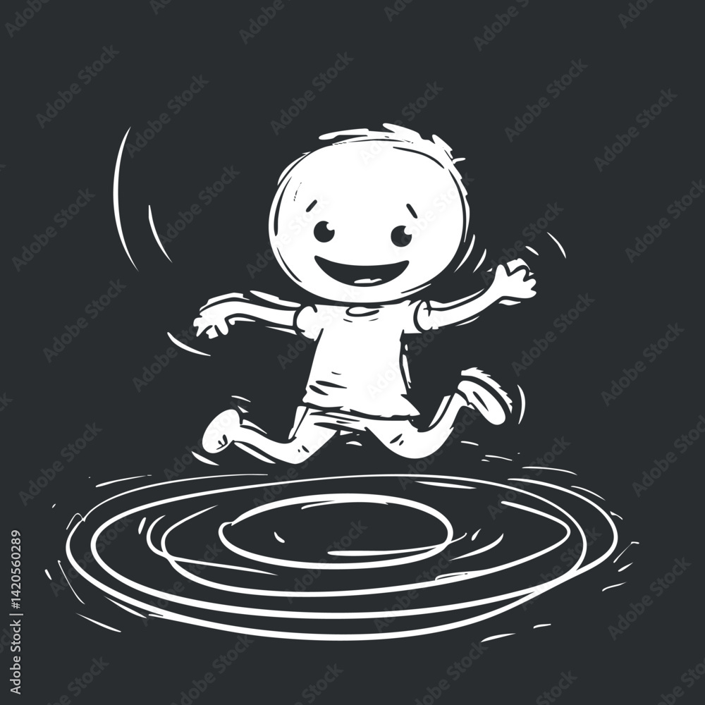 Poster a playful cartoon character joyfully jumping in a whimsical circular design.