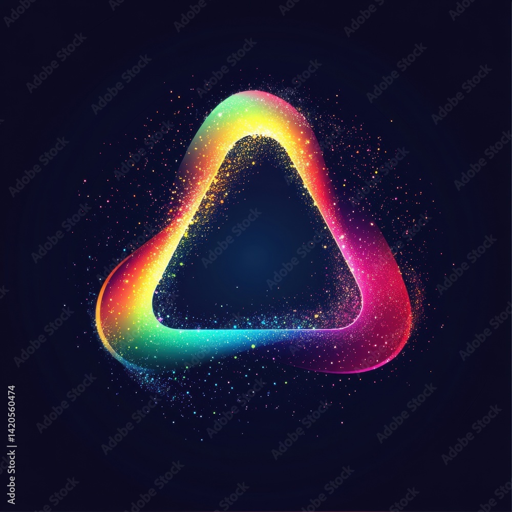 Poster abstract colorful triangle symbol with sparkling particles on dark background: a modern design eleme