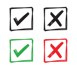 Vector Hand Drawn Check And Cross In Square Icon Set