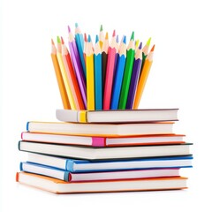 Fototapeta premium A vibrant collection of school books paired with bright pencils, perfect for sparking creativity and learning.