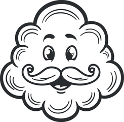 A whimsical cartoon cloud character with a mustache and a cheerful expression.