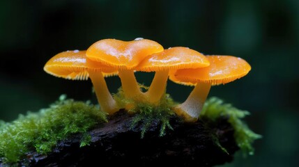 Close-up of three vibrant orange mushrooms atop moss-covered log