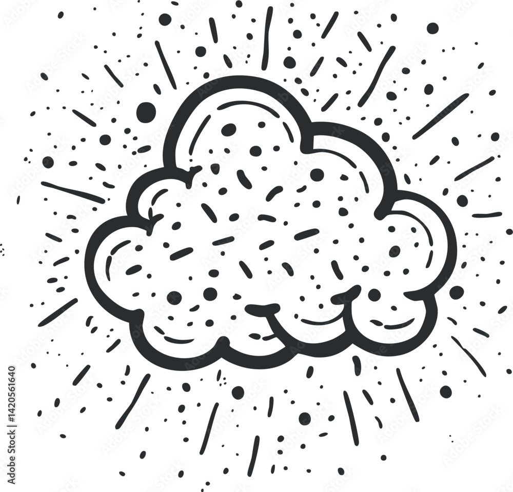 Poster a whimsical sketch of a cloud with an explosion effect and dynamic bursts surrounding it.