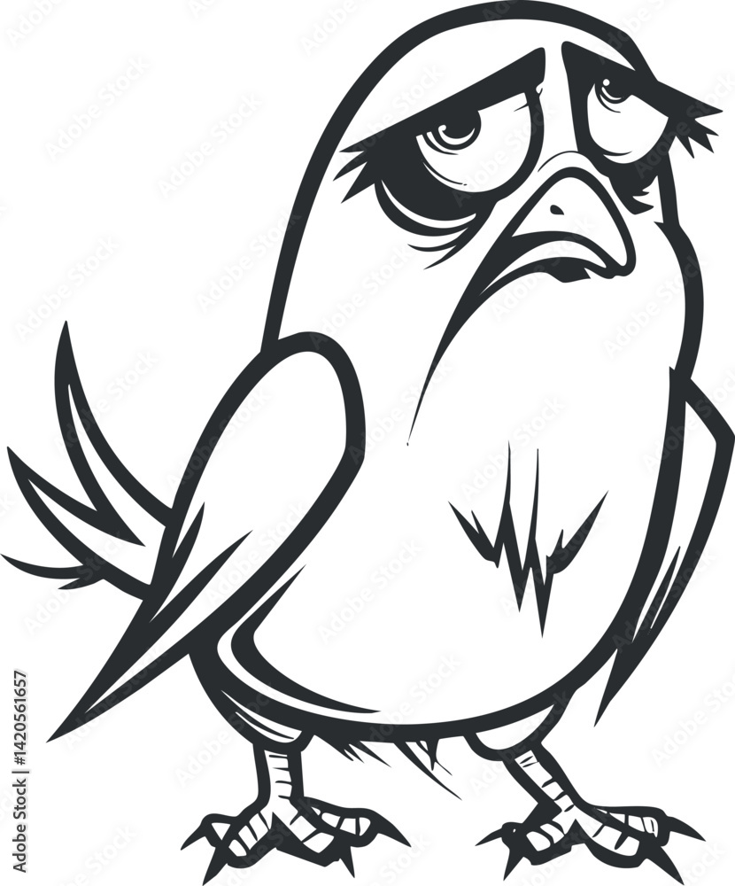 Poster a whimsical cartoon bird character expressing sadness with exaggerated features and a quirky design.