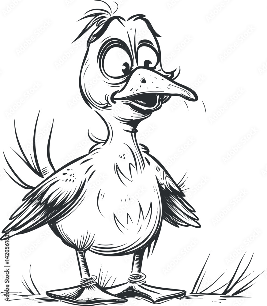 Poster a whimsical cartoon bird character with a playful expression and exaggerated features.