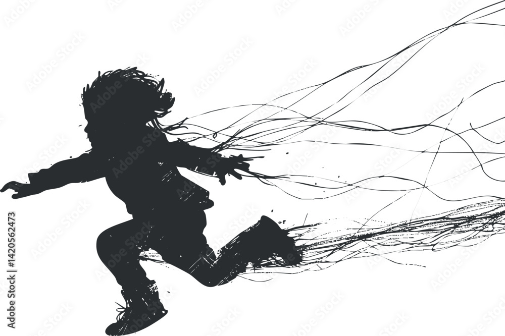 Poster a dynamic silhouette of a child running with flowing lines representing movement and energy.