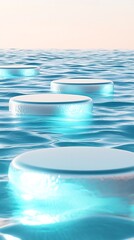 Floating circular platforms illuminated in a serene blue water setting.