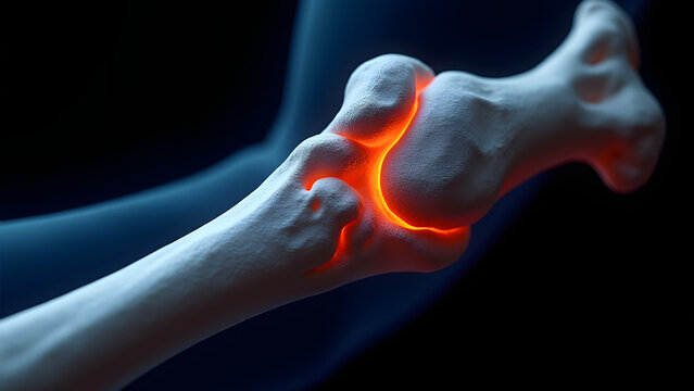 An illuminated coronoid process glowing rust/cobalt with muscle scars. Ideal for ancient tool-use studies or joint replacement design.