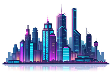 Obraz premium Neon city skyline with illuminated buildings, a futuristic metropolis panorama cyberpunk architecture isolated, glowing against transparent background - generated by ai