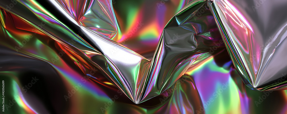 Poster holographic foil reflecting vivid rainbow colors creating abstract pattern