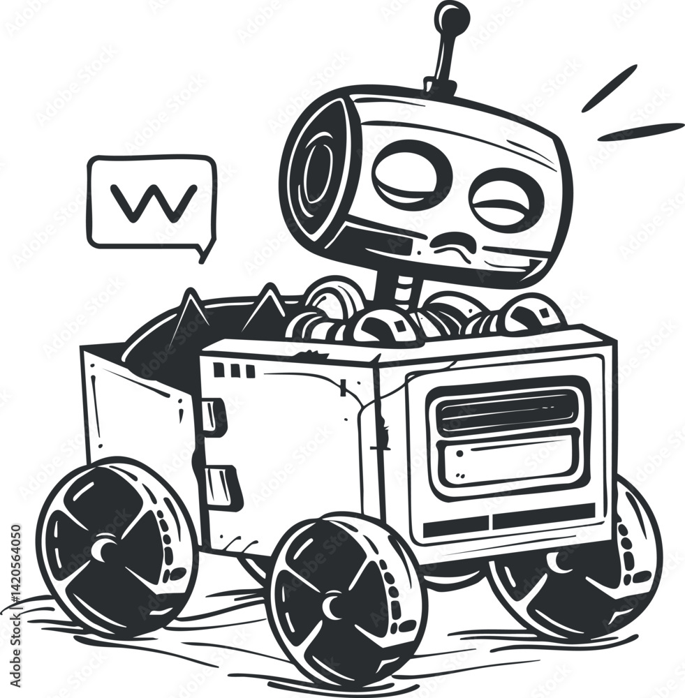 Poster a playful cartoon robot character riding in a toy cart with a whimsical expression.