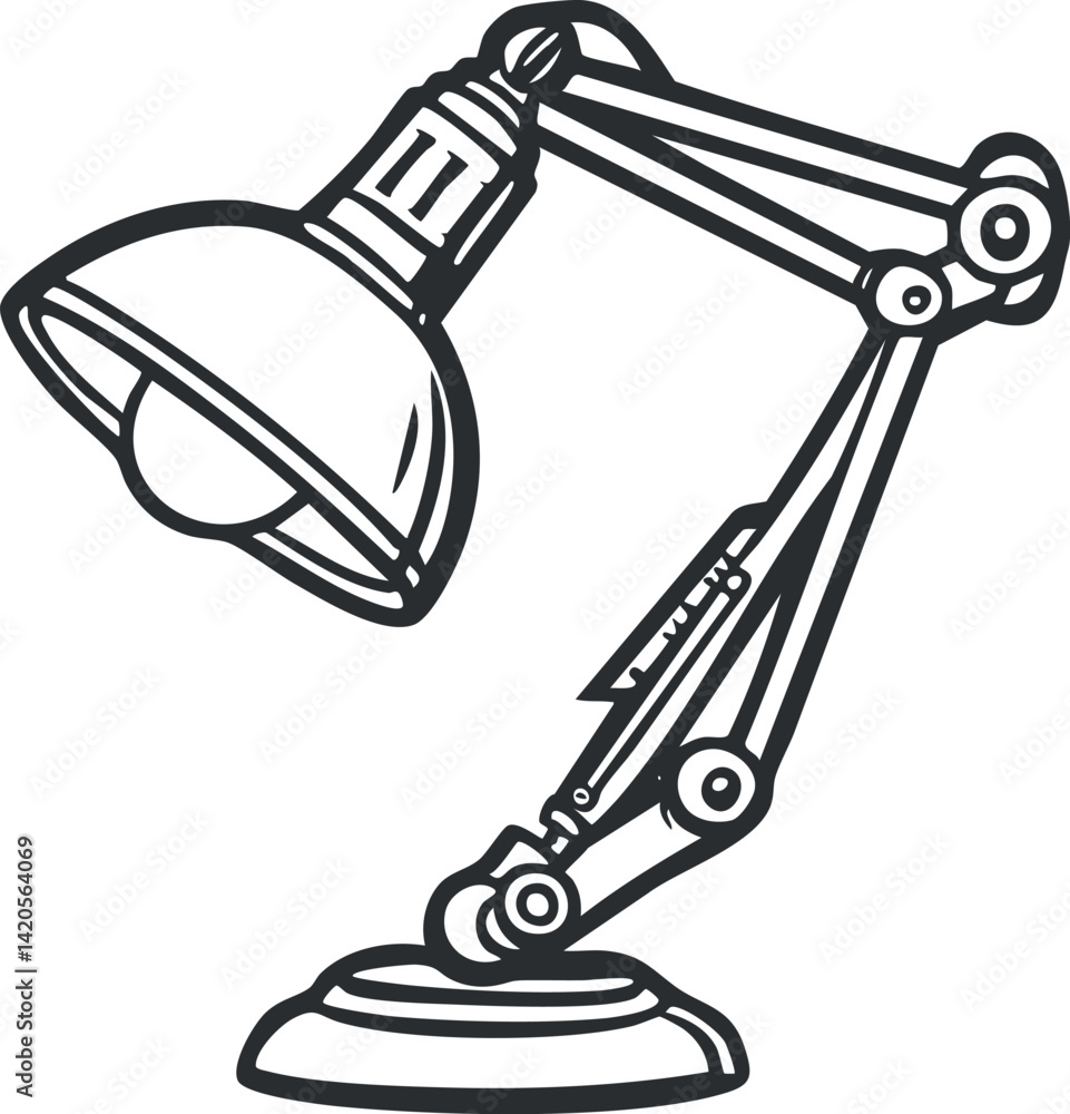 Poster illustration of a modern adjustable desk lamp with a sleek design and functional features