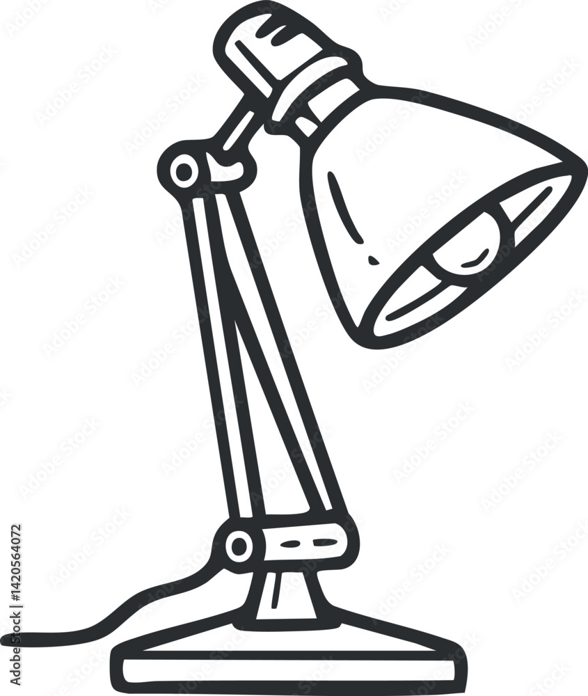 Poster a sketch of a modern desk lamp highlighting its adjustable design and light source.