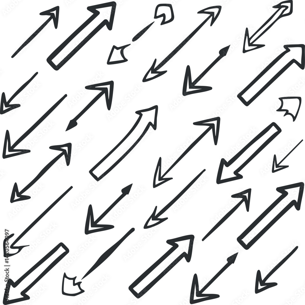 Poster a collection of hand-drawn arrows in various sizes and directions showcasing movement and direction.