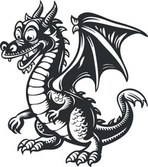 A playful cartoon dragon with wings and a cheerful expression in black and white illustration.