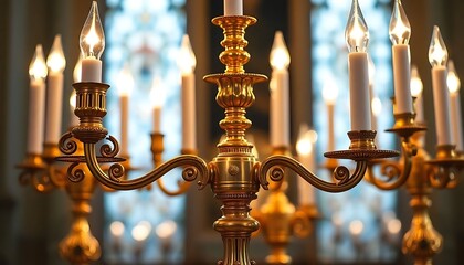 chandelier with many lit candles in front of a window