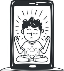 A cartoon illustration of a person meditating inside a smartphone screen representing digital mindfulness.