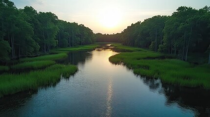 Sunset over tranquil river, lush green marsh, serene nature scene, ideal for travel brochure