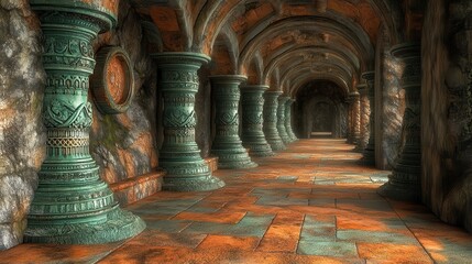 Fototapeta premium Ornate stone hallway, fantasy architecture, mysterious background, game design