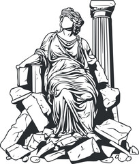 A classical statue of a seated figure with broken columns and ruins symbolizing art and history.