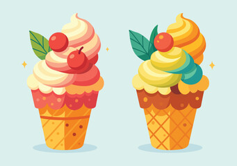 Ice Cream Cones with Fruit Toppings, Colorful Summer. Tasty Cartoon Dessert  Vector Illustration
