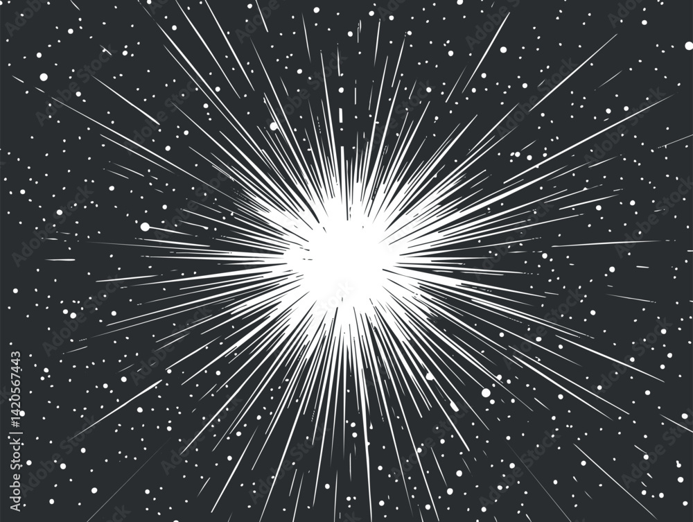 Poster an abstract illustration of a bright explosion with dynamic rays radiating outward in space.