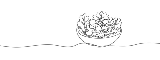 Continuous line salad in a bowl vector illustration with transparent background editable stroke.