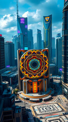 Futuristic Space City with Advanced Architecture and Orbiting Satellites in Deep Space