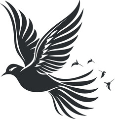 Obraz premium A stylized black silhouette of a bird in flight with extended wings and smaller birds.
