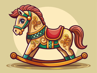 Obraz premium A professional vector of a classic children’s rocking horse with carved details and warm tones, placed on a solid cream background