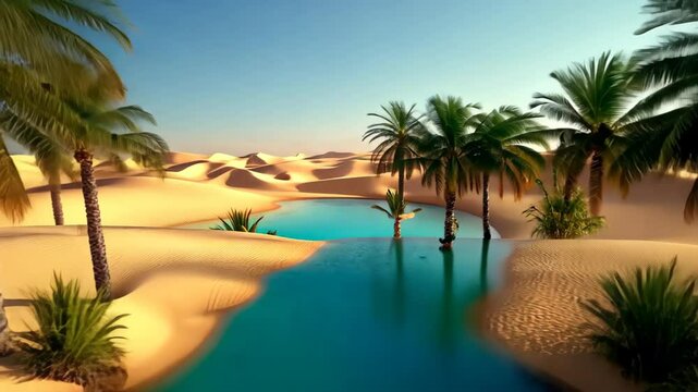 Serene oasis emerges in the desert of sand, offering a peaceful respite amidst arid landscapes. Ai Generated
