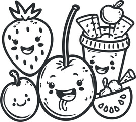 Fototapeta premium A playful cartoon illustration of happy fruits and a juice cup with cheerful expressions.