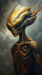 Alien Encounter Under Starry Sky with Futuristic Spaceship