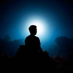 ouette of a Man Submerged Underwater Amidst Sunlit Ocean Depths