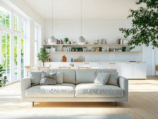 A white couch with pillows on it sits in a living room. The room has a kitchen and a dining table