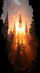 Futuristic Space City with Advanced Architecture and Orbiting Satellites in Deep Space